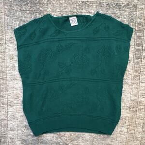 Vintage 80s Green Floral Knit Sleeveless Pullover Sweater Summer Preppy - L